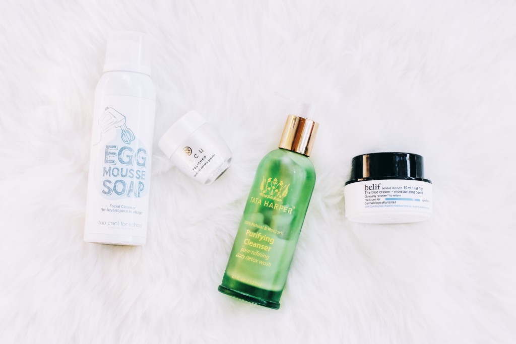 Belif The True Cream Aqua Bomb, Too Cool For School Egg Mousse Soap Facial Cleanser, Tata Harper Purifying Cleanser, Tatcha Polished Classic Rice Enzyme Powder