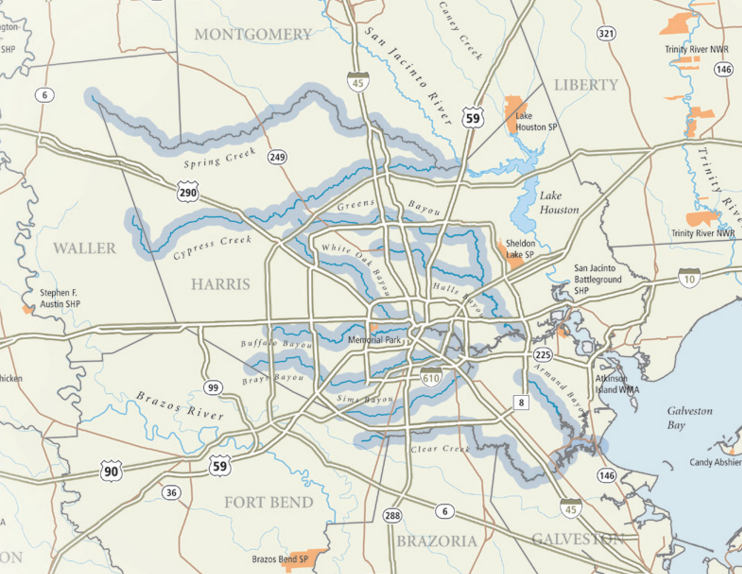 A map of Houston bayous and creeks