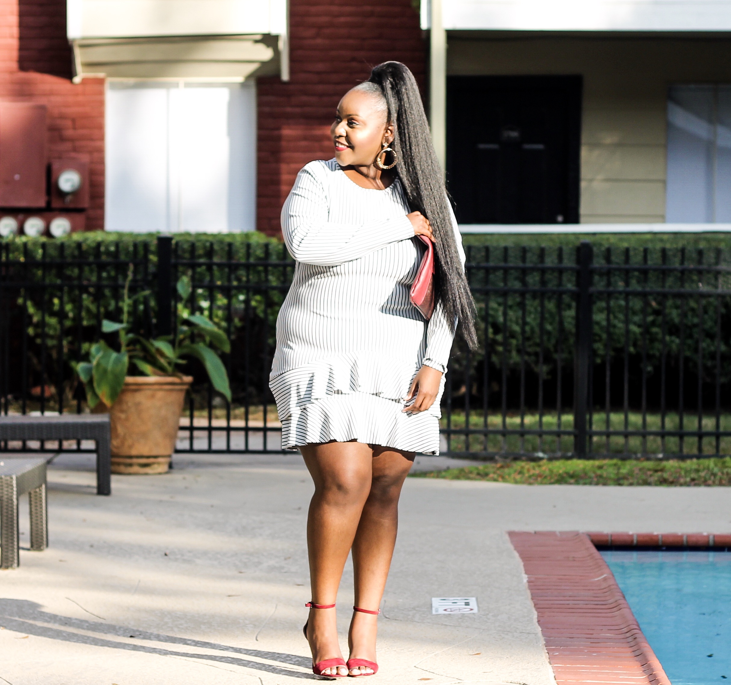 preppy plus size fashion blogs 2017, beautiful curvy girls, how to fill the eye brow of a dark skin, beautiful plus size dark skin girls, plus size black bloggers, clothes for curvy girls, curvy girl fashion clothing, plus blog, plus size fashion tips, plus size women blog, curvy women fashion, plus blog, curvy girl fashion blog, style plus curves, plus size fashion instagram, curvy girl blog, bbw blog, plus size street fashion, plus size beauty blog, plus size fashion ideas, curvy girl summer outfits, plus size fashion magazine, plus fashion bloggers, zara, Rosie the riveter shirt; Emilia embroidered beaded clutch; Vince Camuto heels; Lula shell drop earrings; Aldo Galigossi sunnies, GABRIELLE UNION COLLECTION - STRIPED KIMONO DRESS, new york & company,